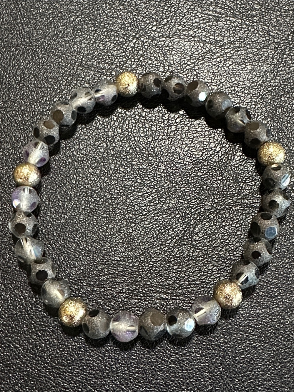 51. Dark Grey Polka Dot Glass & Gold Tone Beaded Stretch Bracelet - Picture 6 of 9